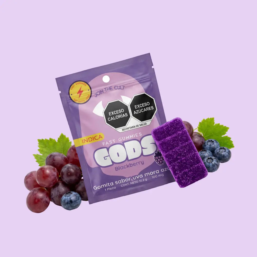 Gomita Stach Gods sabor mora (blackberry) paquete de 1 pieza, con 100mg.
