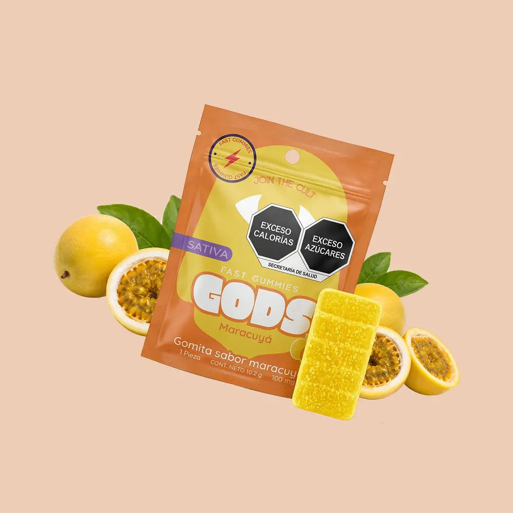 Gomita Stach Gods sabor maracuyá paquete de 1 pieza, con 100mg.