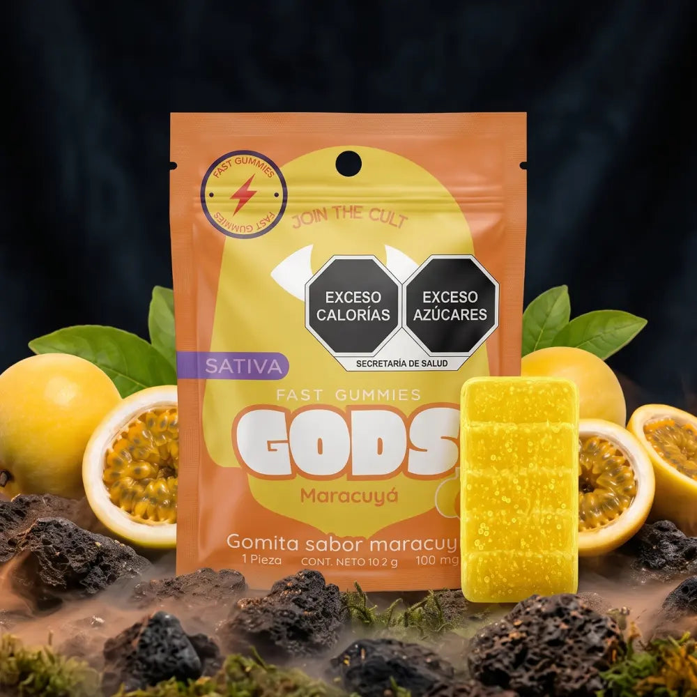 Gomita Stach Gods sabor maracuyá paquete de 1 pieza, con 100mg.