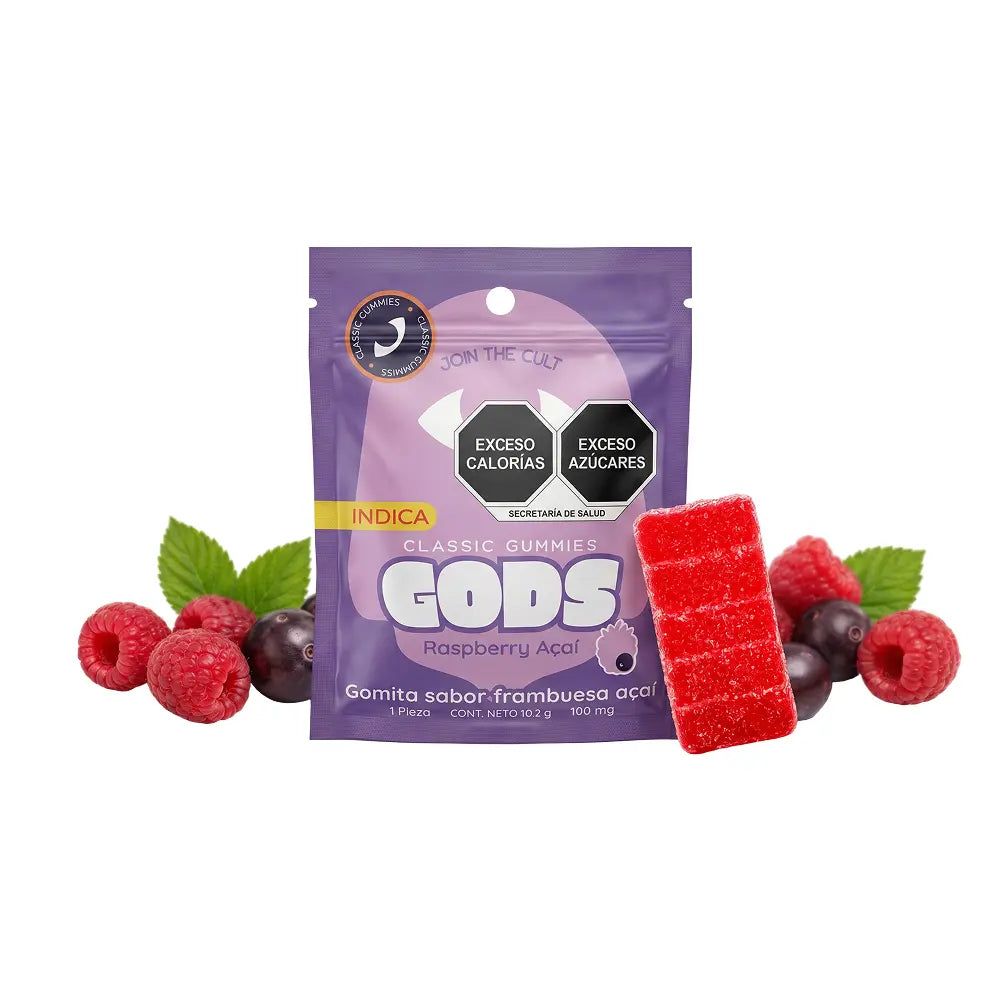 Gomita Stach Gods sabor frambuesa y açai paquete de 1 pieza, con 100mg.