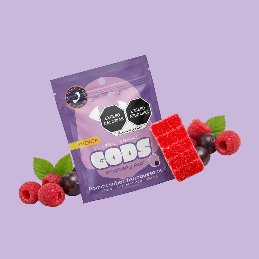 Gomita Stach Gods sabor frambuesa y açai paquete de 1 pieza, con 100mg.