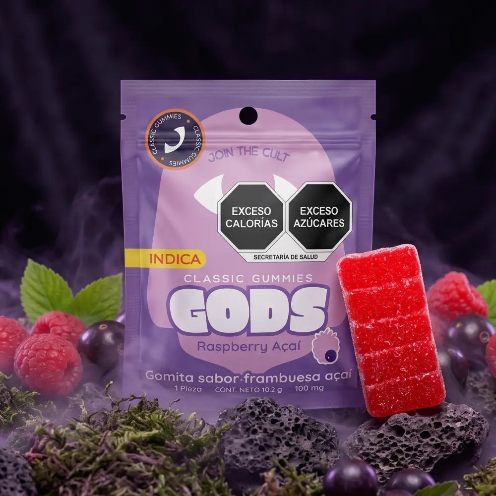 Gomita Stach Gods sabor frambuesa y açai paquete de 1 pieza, con 100mg.