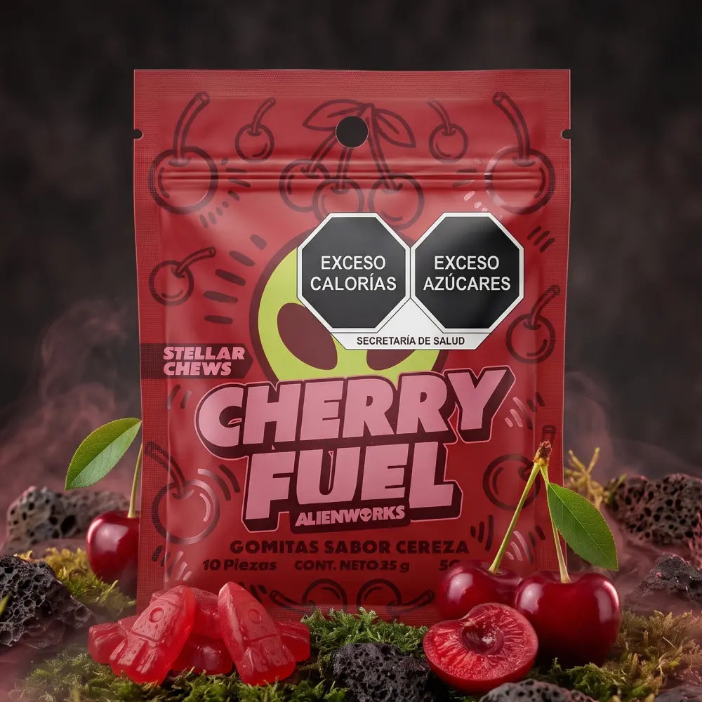 Gomitas masticables Stellar Chews sabor Cherry Fuel paquete de 10 piezas, con 50mg.