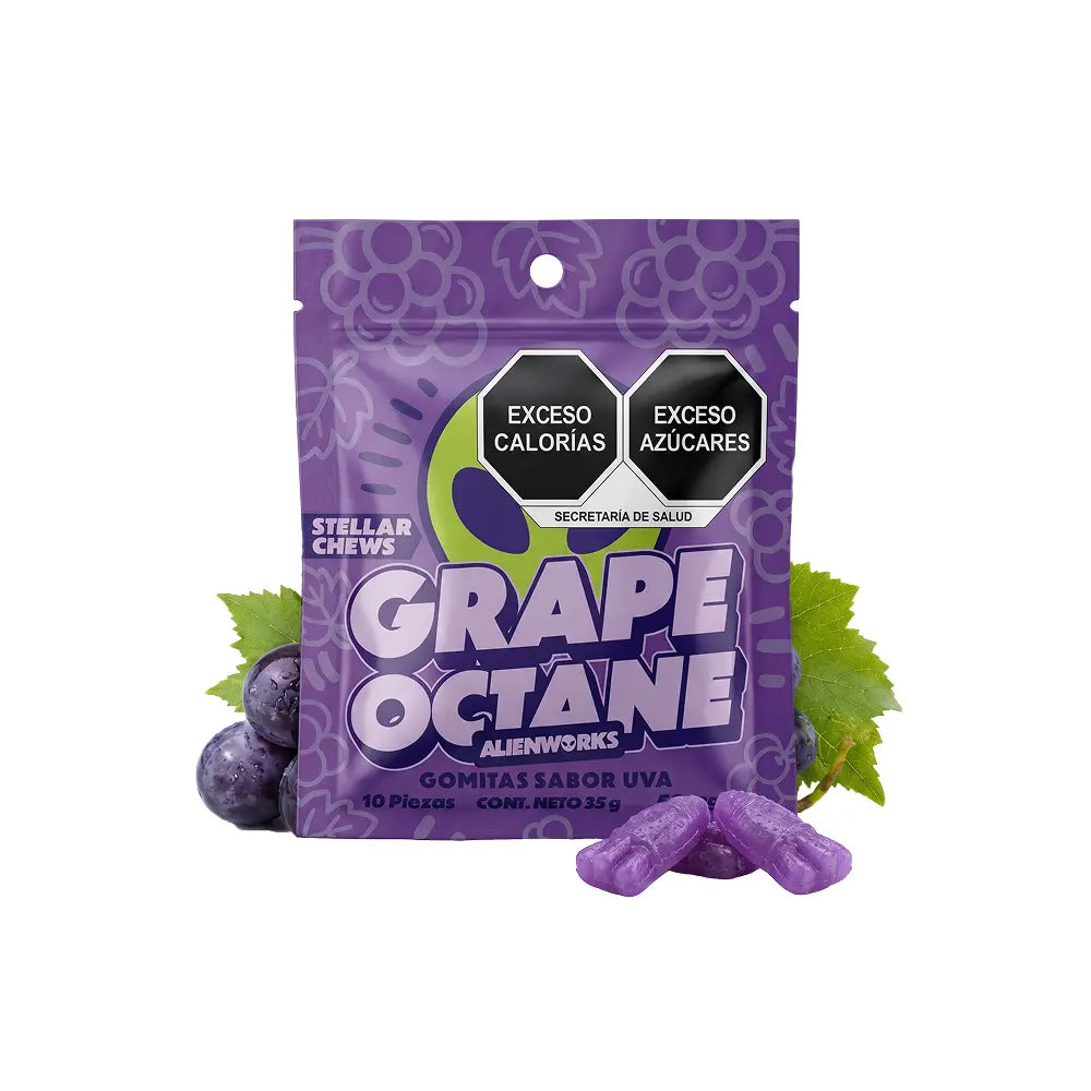 Gomitas masticables Stellar Chews sabor Grape Octane paquete de 10 piezas, con 50mg.