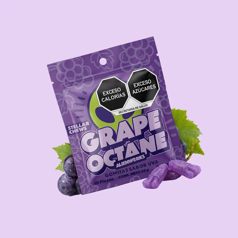 Gomitas masticables Stellar Chews sabor Grape Octane paquete de 10 piezas, con 50mg.