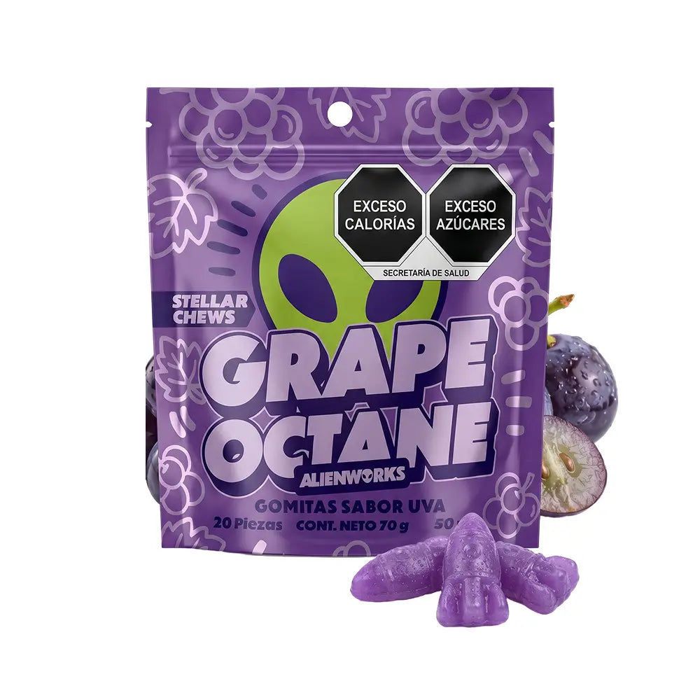Gomitas masticables Stellar Chews sabor Grape Octane paquete de 20 piezas, con 50mg.