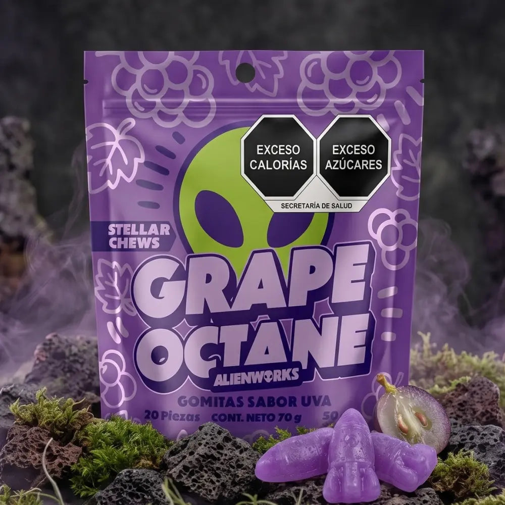 Gomitas masticables Stellar Chews sabor Grape Octane paquete de 20 piezas, con 50mg.
